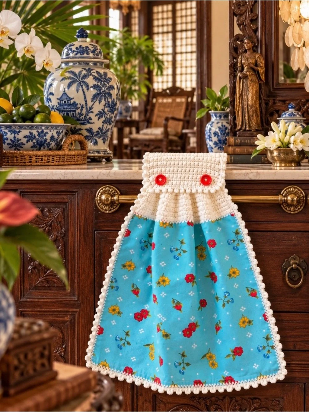 Pioneer Woman Tiffany Blue Floral Crochet Hanging Kitchen Towel